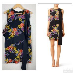 MSMG Francoise Floral 100%‎ Silk Shift Dress Womens Size 42 US 6 Black Floral